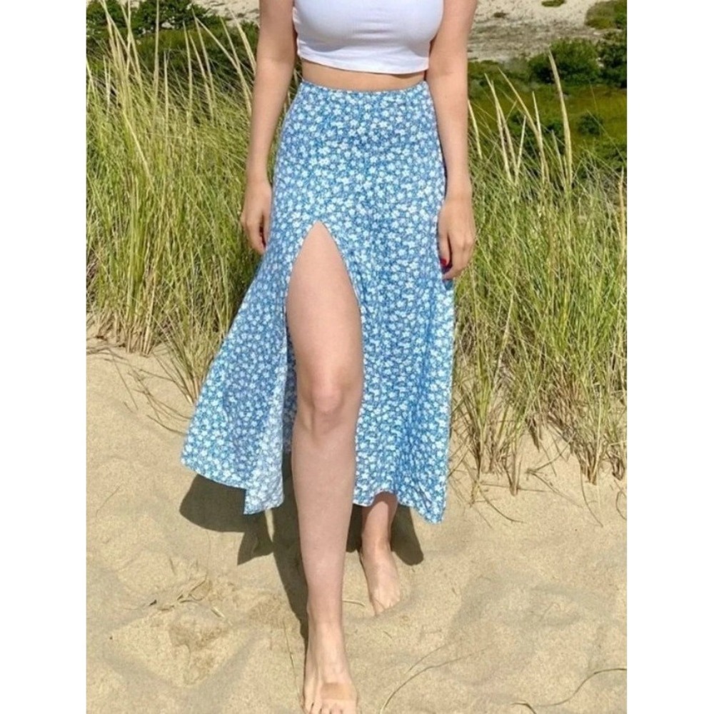 Reformation Zoe Midi Skirt Azzuro Crepe Blue White Daisy Floral High Slit Size 4